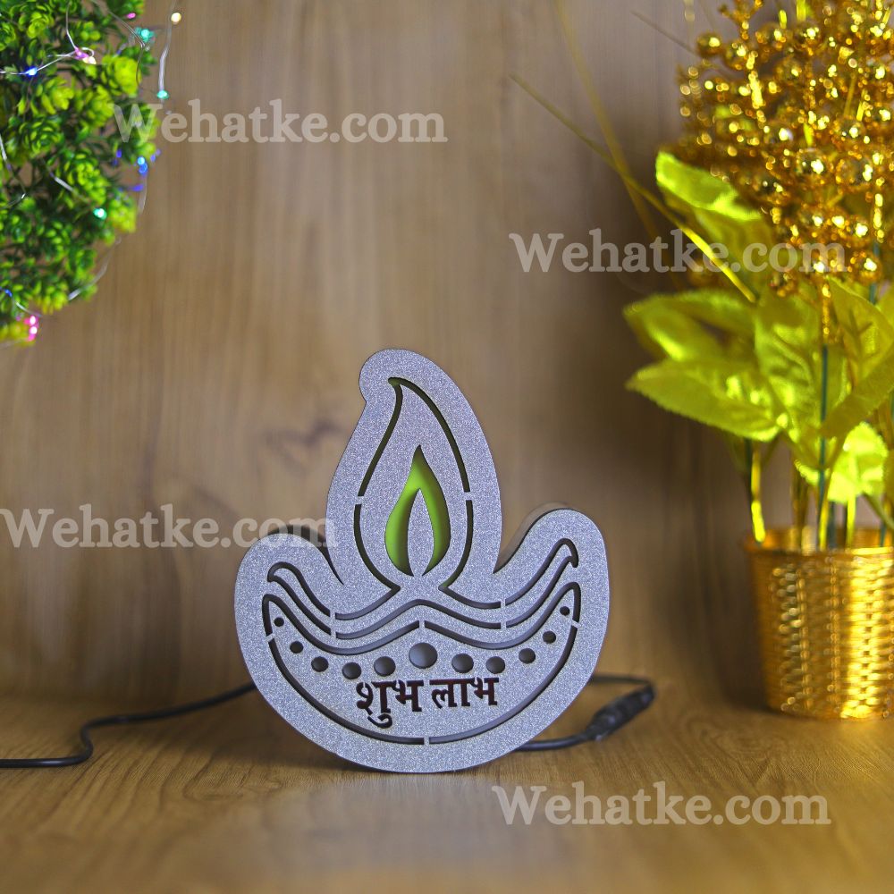 Silver MDF Wooden wall Decorative Diwali Diya Led Lamp