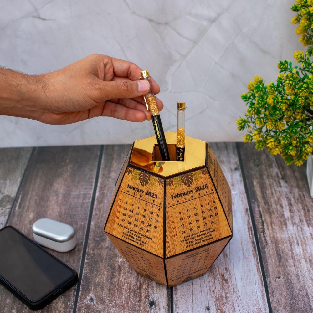 Geometric Wooden Tabletop Calendar With Pen Stand