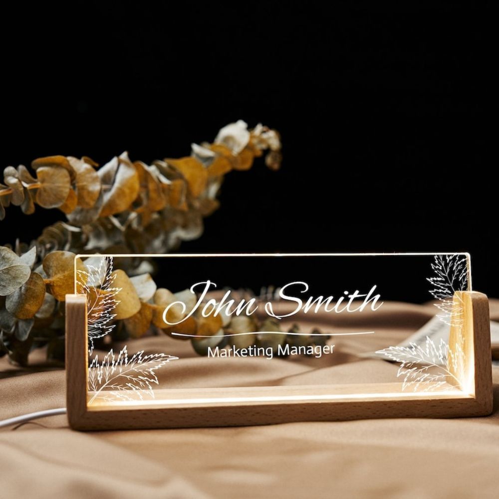 Personalized LED Desk Name Plate with Wooden Base