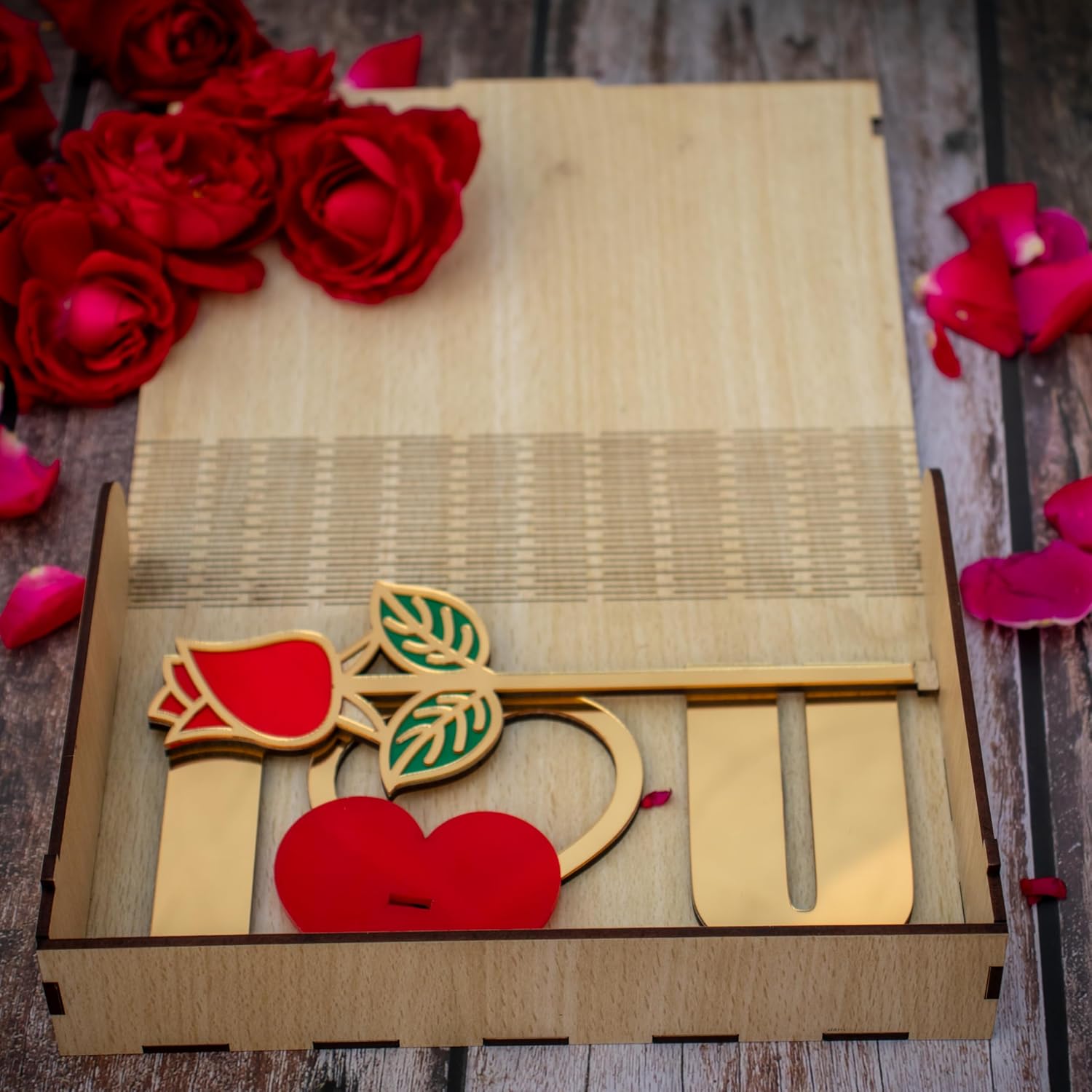 Golden Rose Flower with Wooden Box