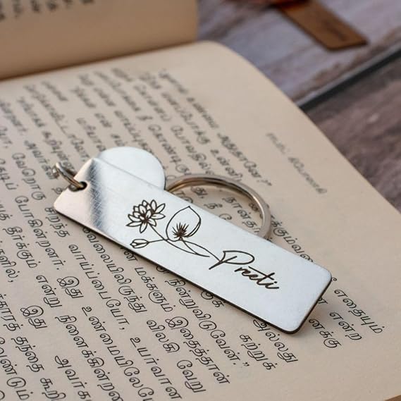 Personalized Name & Flower Engraved Metal Keychains