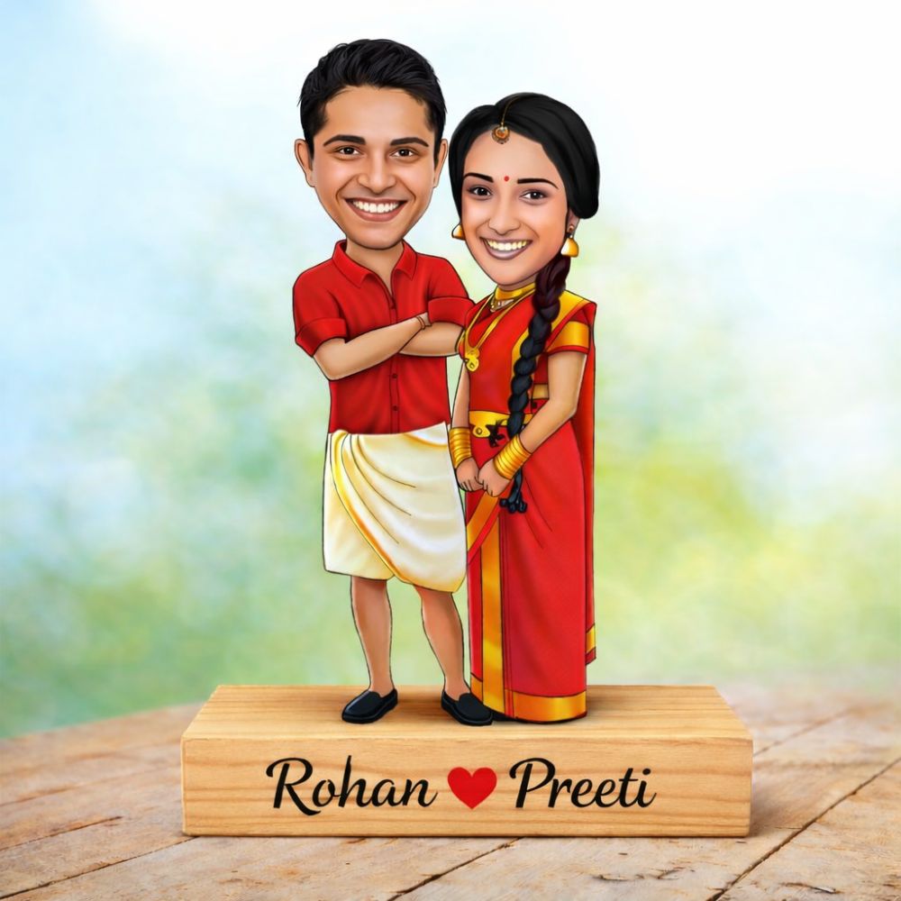 Customized south Indian traditionally dhoti sari style couple caricature