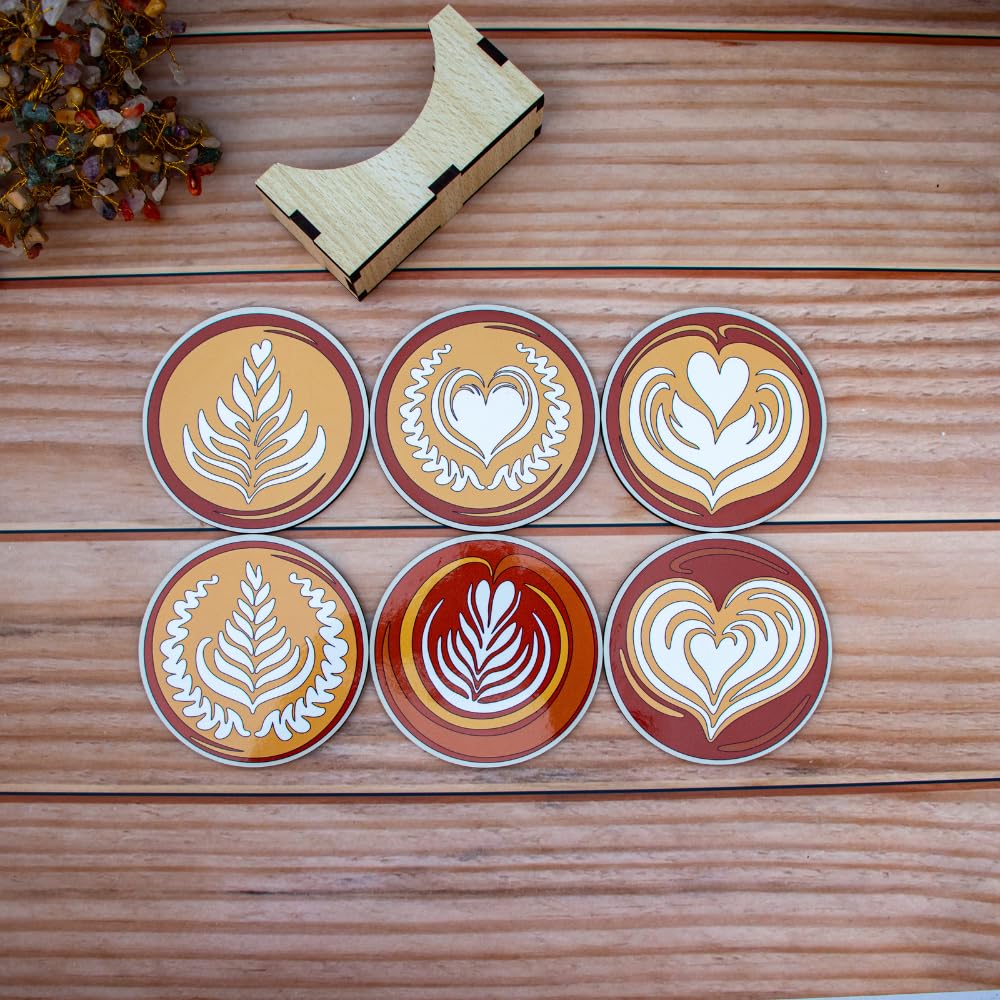 Wooden Coaster Set with Coffee Art Design
