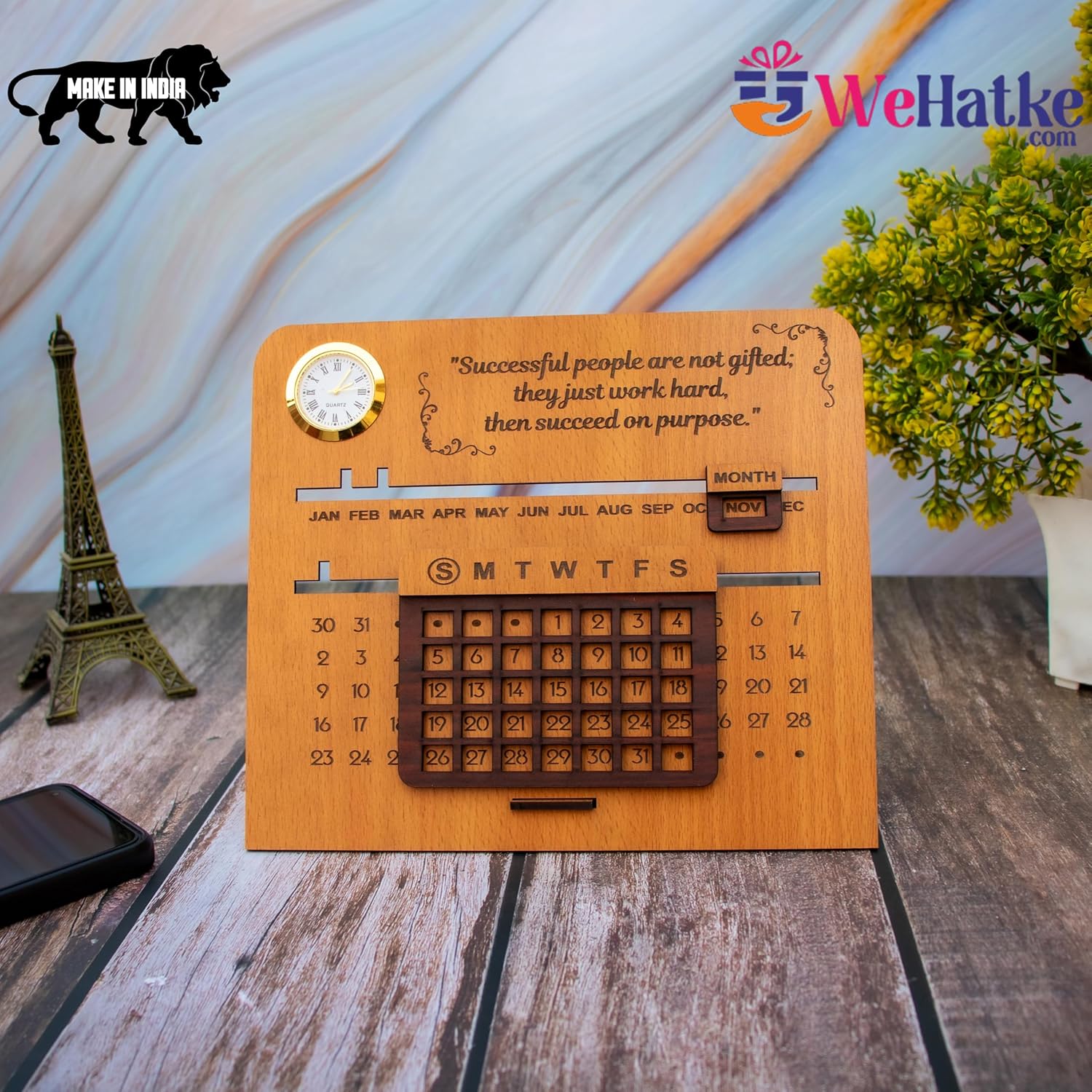 Wooden Perpetual Desk Calendar With Clock