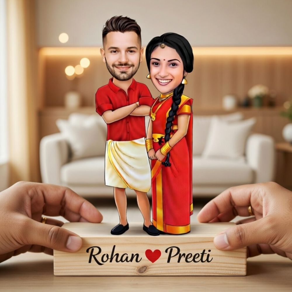 Customized south Indian traditionally dhoti sari style couple caricature