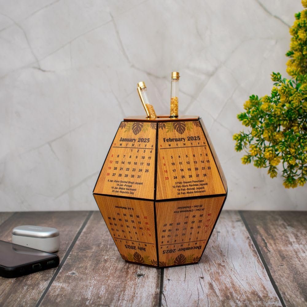 Geometric Wooden Tabletop Calendar With Pen Stand