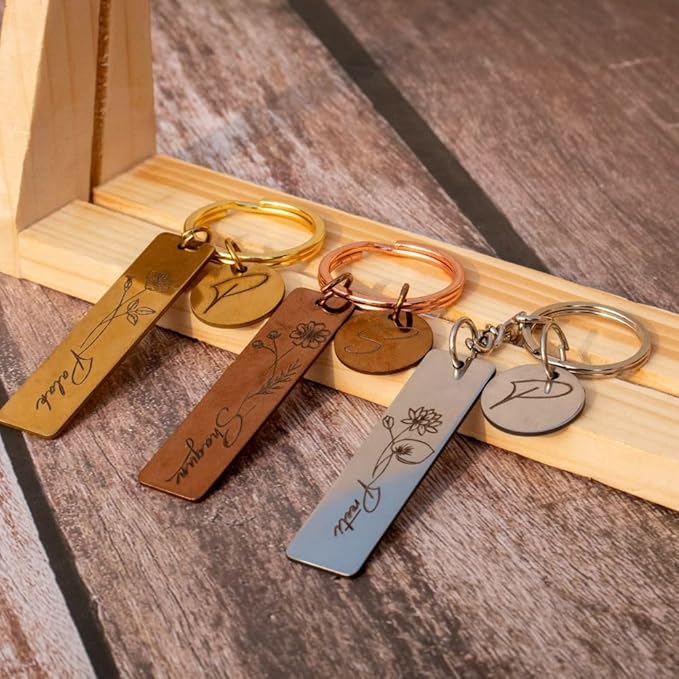 Personalized Name & Flower Engraved Metal Keychains