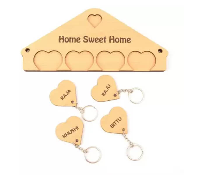 Personalized Heart Shape Key Holder Wood Key Holder  (4 Hooks, Brown)