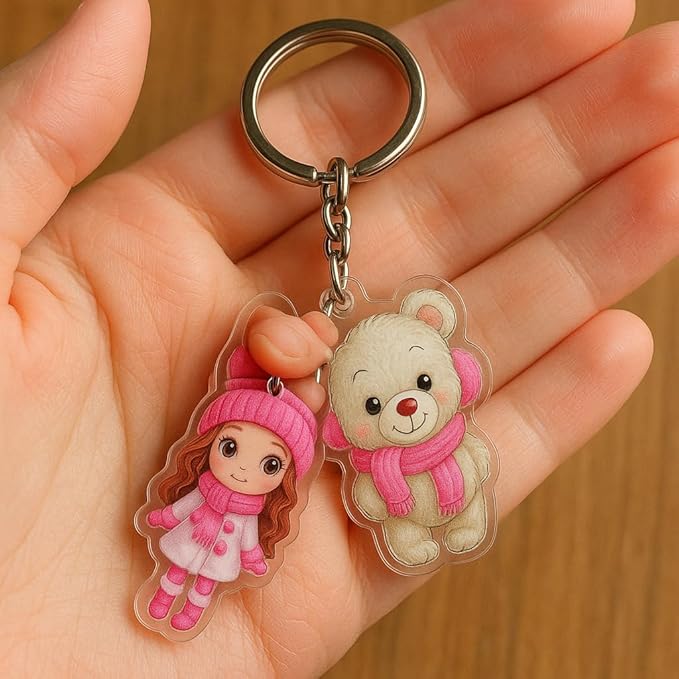 Cute Girl and Teddy Acrylic Keychain Set