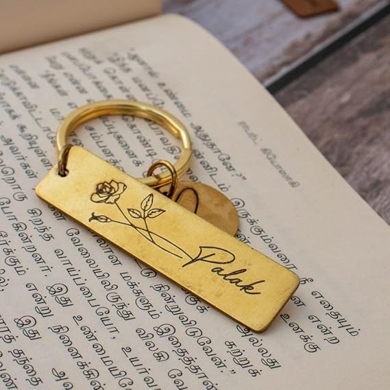 Personalized Name & Flower Engraved Metal Keychains