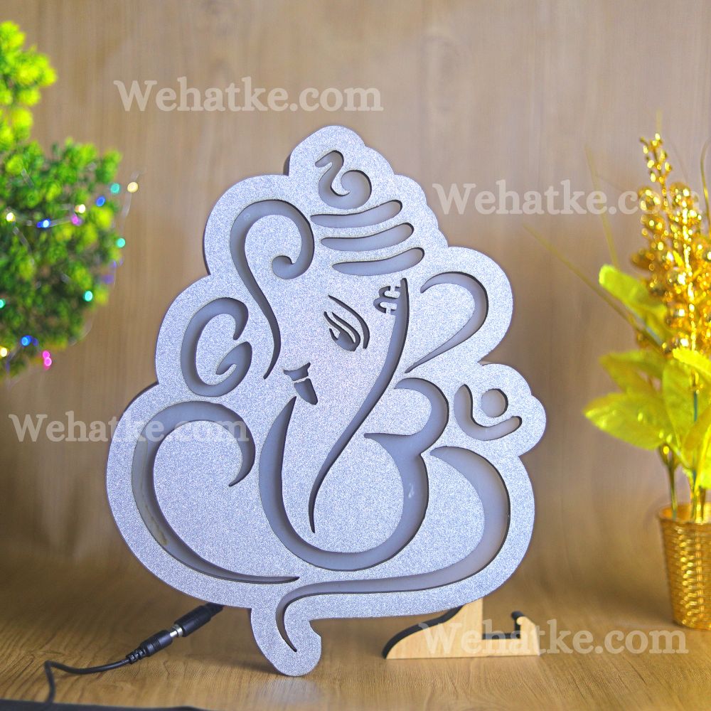 Wooden Lord Ganesha Shaped Silver Wall Decoration Led Light