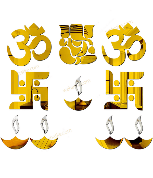 Diwali Ganesha OM Swastik Diyas Designs 3D Acrylic Decorative Golden Mirror Wall Stickers