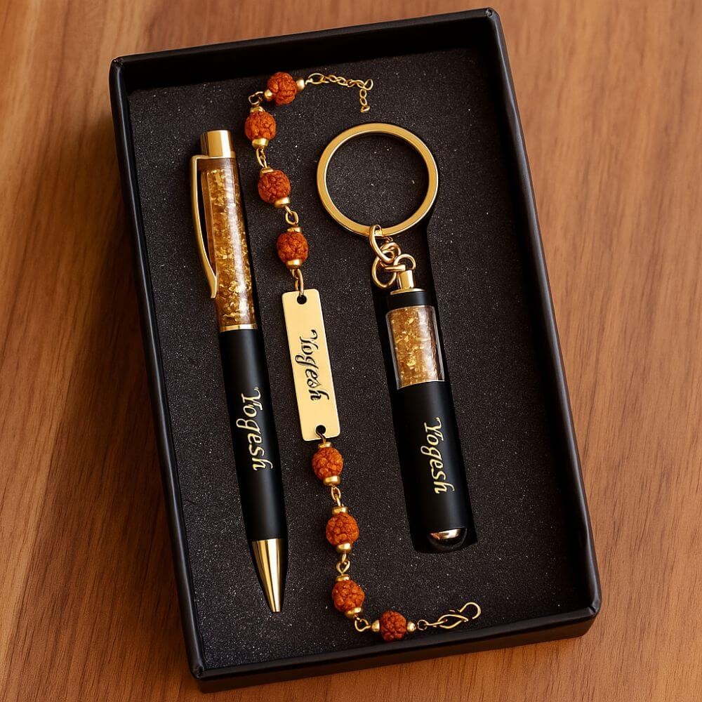 Customized, Metal Rakhi Gift Set for Brother with Pen & Keychain