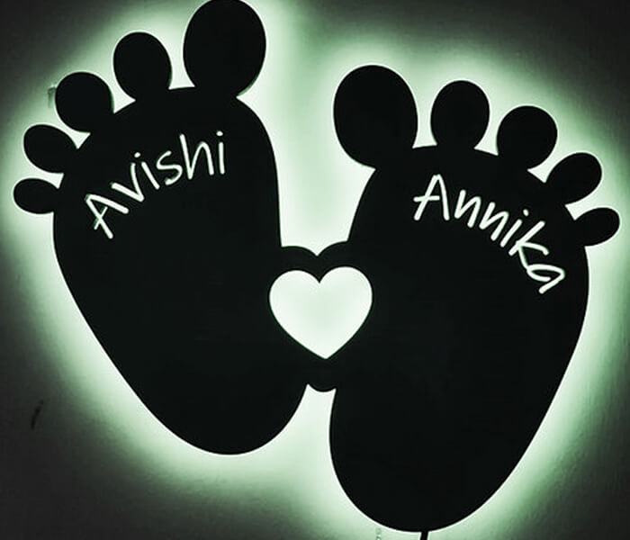 Customized Twin Baby Feet Wall Led Frame with Name