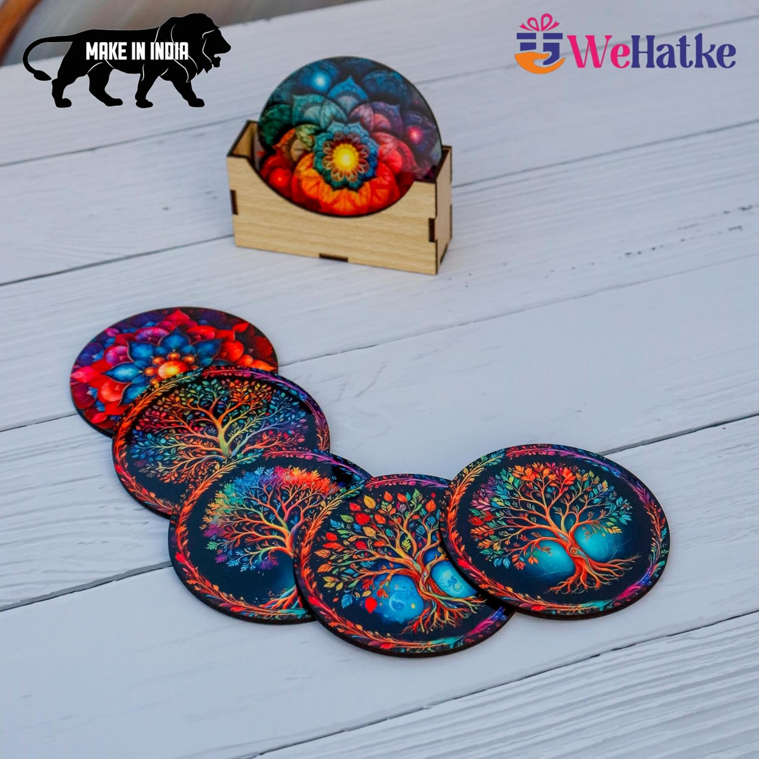 WEHATKE Wooden Coasters Set Designer Mandala & Tree of Life 