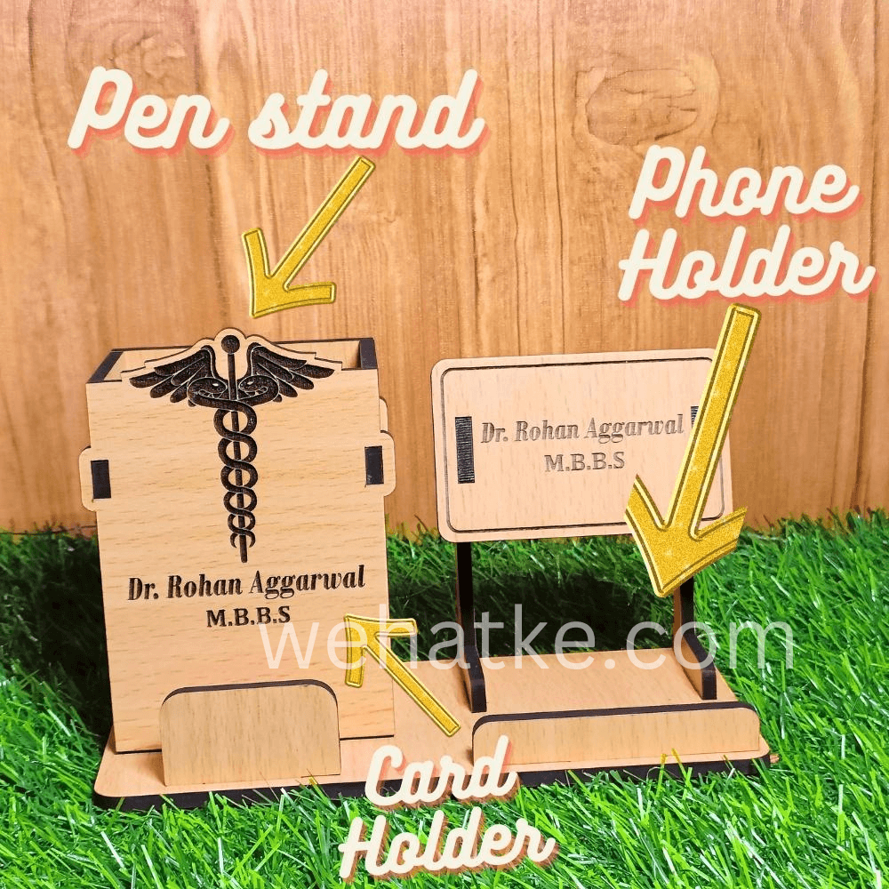 Personalized Gift for Doctor's Card Holder, Pen Stand & Mobile Stand Name Engraved on it