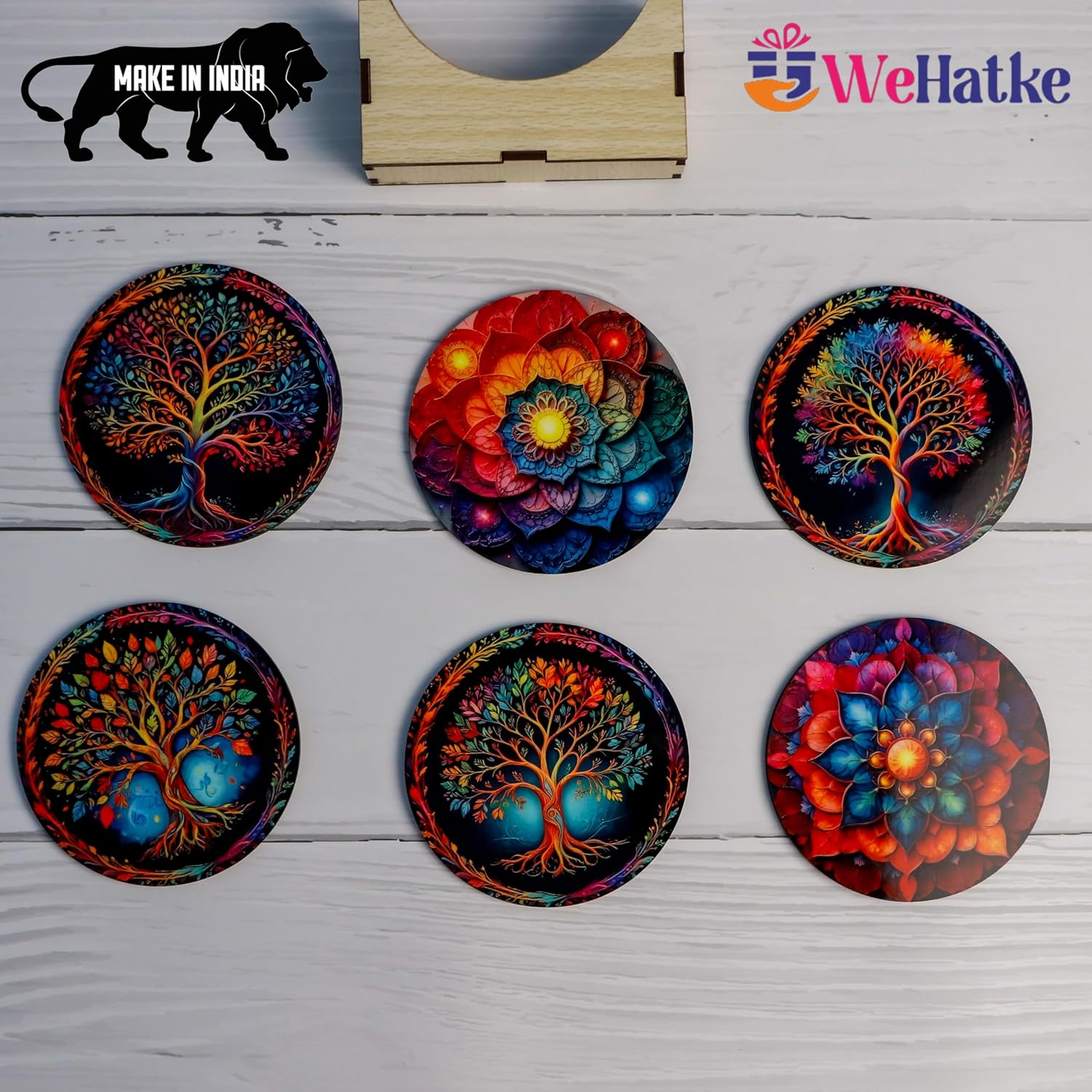 WEHATKE Wooden Coasters Set Designer Mandala & Tree of Life 