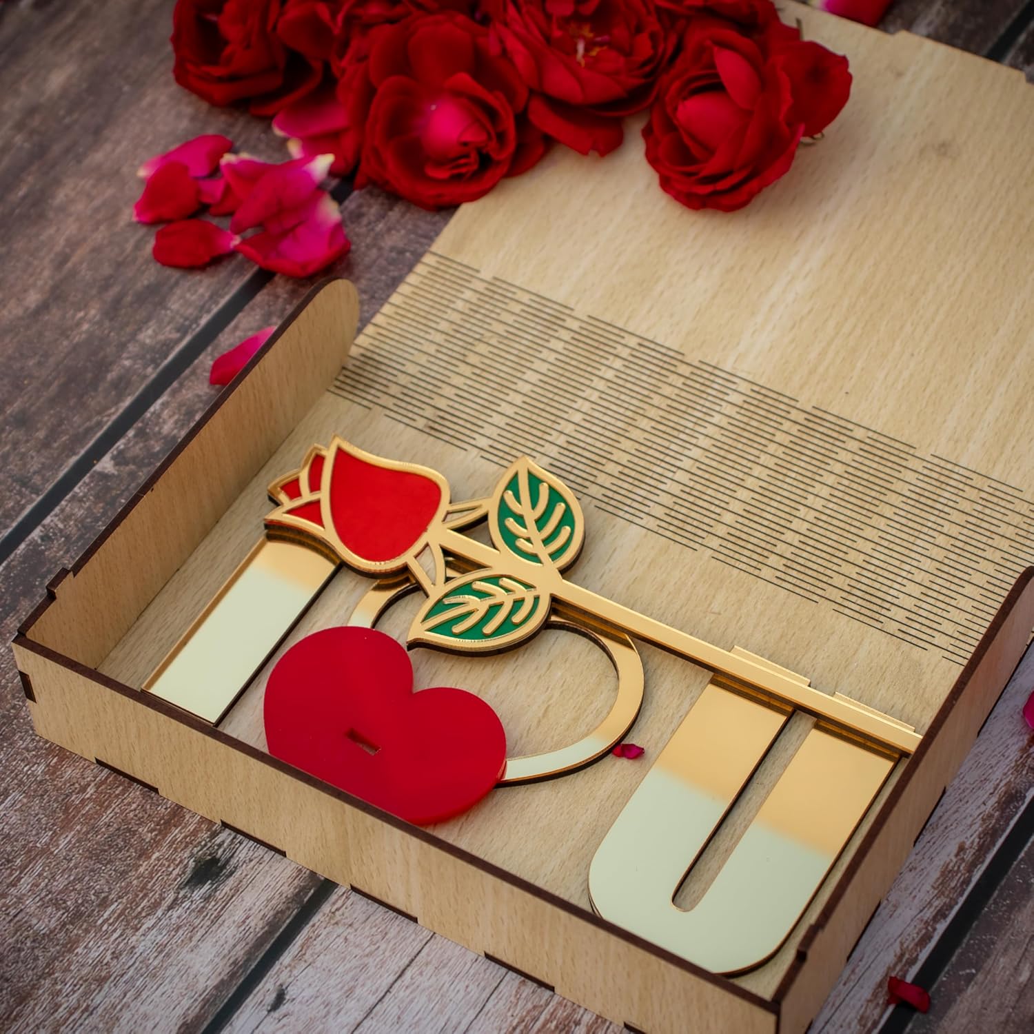 Golden Rose Flower with Wooden Box