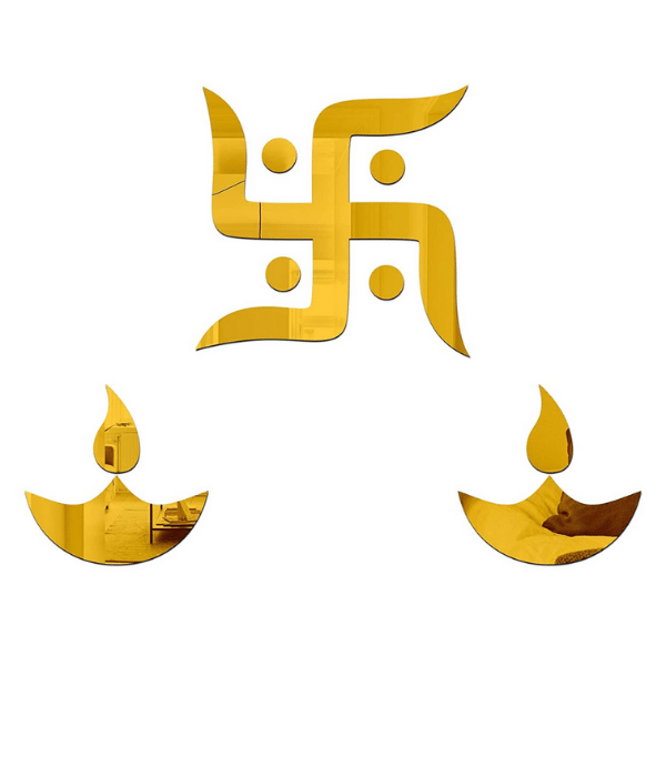 Diwali Swastik and Diyas Design 3D Golden Acrylic Decorative Mirror Wall Sticker