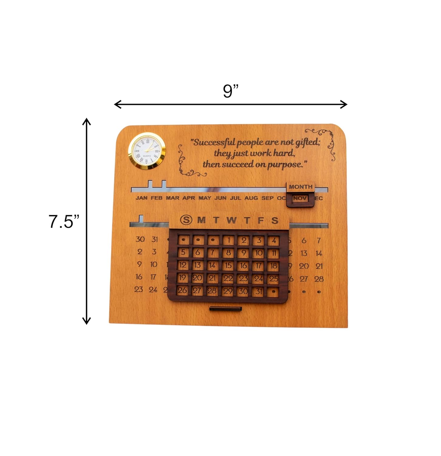 Wooden Perpetual Desk Calendar With Clock