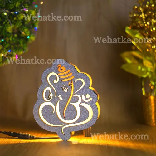 Wooden Lord Ganesha Shaped Silver Wall Decoration Led Light