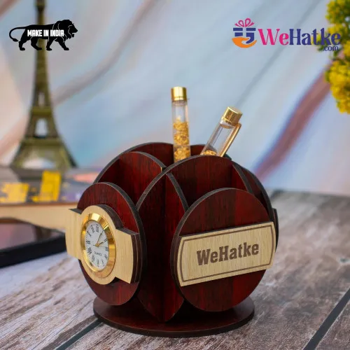 Corporate Wooden Desk Organizer with Clock & Card Holder