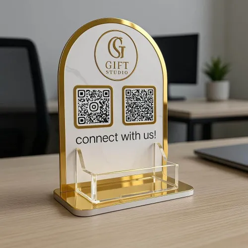 Custom White & Gold Acrylic QR Code Stand with Card Holder