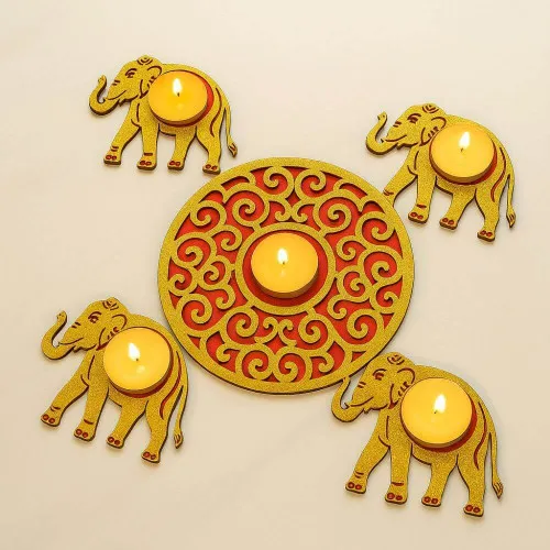 Decorative Wooden Rangoli Light Holder (Set of 5)