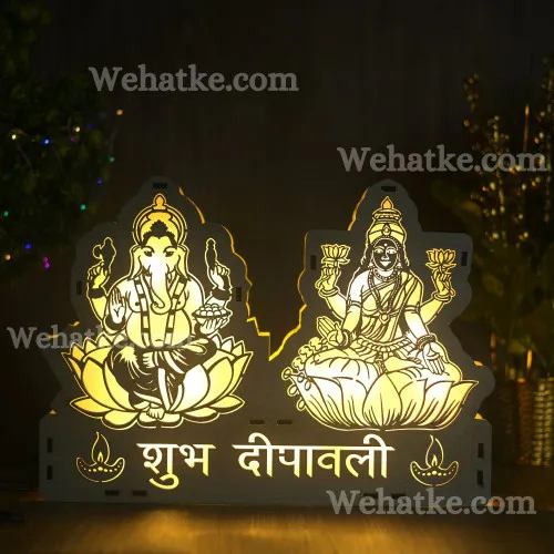 Wooden Subh Diwali Lakshmi Ji & Ganesh Ji Engraved Led Lamp