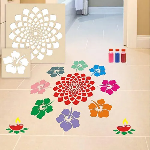 Flower With Diya Rangoli Stencils