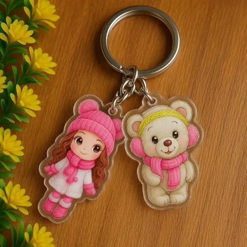 Cute Girl and Teddy Acrylic Keychain Set