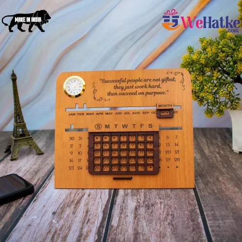 Corporate Wooden Perpetual Desk Calendar with Clock