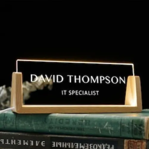 Personalized LED Desk Name Plate with Wooden Base