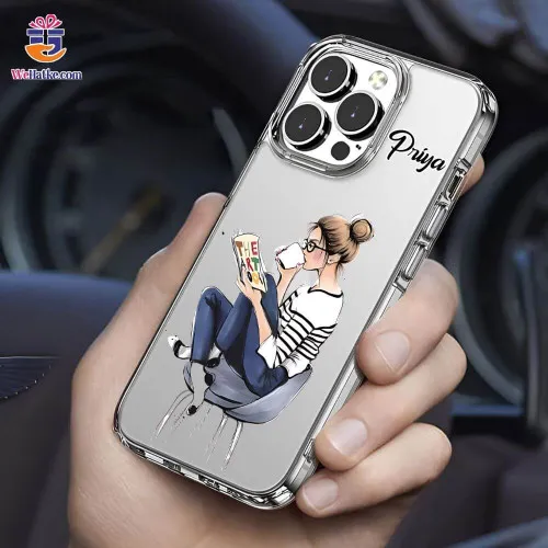 Customized Back Case Girl With Book And Coffee