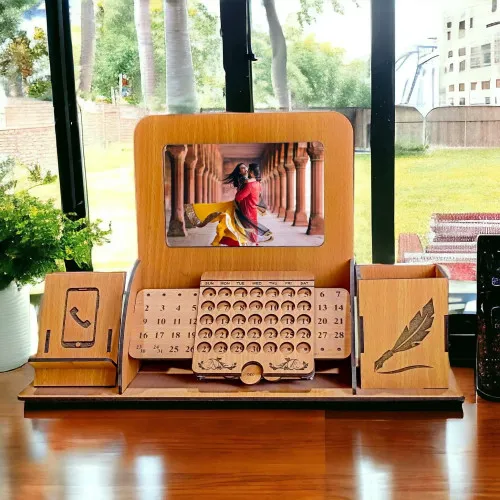 Corporate Wooden Desk Organizer with Calendar, Photo Frame & Mobile Stand