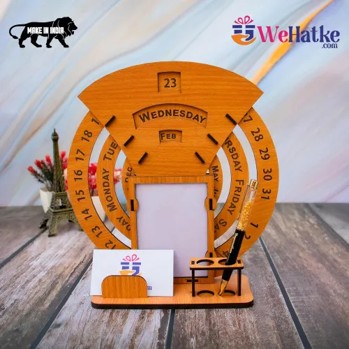 Corporate Wooden Perpetual Calendar with Photo Frame & Pen Holder