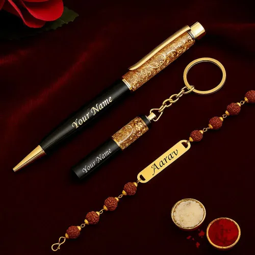 Customized, Metal Rakhi Gift Set for Brother with Pen & Keychain