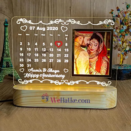 Customized 3D Illusion Calender Lamp With Wooden Base