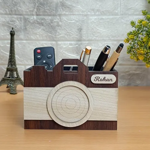 Retro Camera Shape Pen Stand/Holder With Name