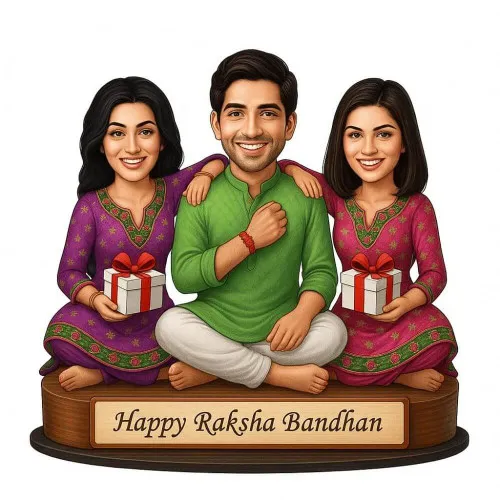 Personalized Rakhi Caricature Gift – Brother with Two Sisters